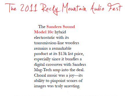 Sanders Sound Systems Model 10c Electrostatic Speakers and Sanders Magtech amplifer coverage RMAF 2012